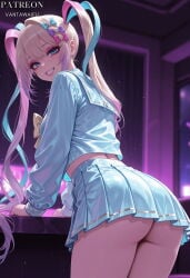 1girl ai_generated artist_name ass blonde_hair blue_bow blue_eyes blue_hair blue_shirt blue_skirt blurry_background blush bow breasts chouzetsusaikawa_tenshi-chan clothing cowboy_shot female from_behind grin hair_bow hair_ornament indoors leaning_forward long_hair long_sleeves looking_at_viewer looking_back makeup miniskirt multicolored_hair multiple_hair_bows needy_girl_overdose needy_streamer_overload patreon_username pink_bow pink_eyeshadow pink_hair pleated_skirt purple_bow quad_tails sailor_collar school_uniform serafuku shirt skirt smile solo teeth thighs twintails uniform vantawaifu very_long_hair yellow_bow