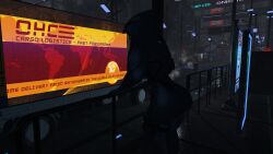 big_ass big_breasts city dark_background from_behind hood latex_clothing looking_away robot_girl vrchat