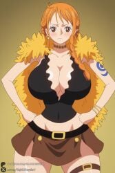1female 1girl 1girls 2026 ai_generated artist_name belt big_ass big_breasts blush bracelet braid breasts brown_eyes cleavage curvy earrings hands_on_hips hi_res high_quality high_resolution highres huge_ass huge_breasts jewelry large_breasts long_hair looking_at_viewer nami_(one_piece) one_piece orange_hair patreon patreon_username skirt solo tagme tattoo unjobdespiert watermark