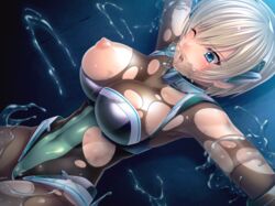 aikawa_arisa blonde_hair blue_eyes bodysuit breasts brown_legwear defeated female gagged laetitia_bellmer large_breasts leg_grab lilith-soft nipples one_breast_out open_mouth pantyhose restrained short_hair slime slime_gag taimanin_asagi_battle_arena tears torn_clothes