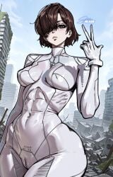 1girls 2d brown_hair evie freckles peace_sign shift_up short_hair stellar_blade tagme thick_thighs tomboy vagina white_plugsuit wide_hips
