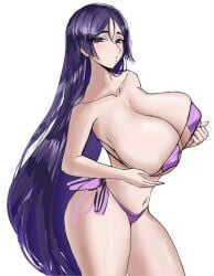 1girls bangs bare_shoulders big_breasts bikini breasts cleavage closed_mouth collarbone covered_nipples eyepatch_bikini fate/grand_order fate_(series) huge_breasts long_hair looking_at_viewer minamoto_no_raikou_(fate) minamoto_no_raikou_(fate/grand_order) minamoto_no_raikou_(swimsuit_lancer)_(fate) navel parted_bangs purple_bikini purple_eyes purple_hair side-tie_bikini solo strapless strapless_bikini swimsuit thighs very_long_hair