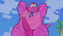 2026 absurd_res accessory anthro balls belly big_penis blue_necktie bodily_fluids digital_media_(artwork) dinosaur erection gameoverse genital_fluids genitals glitch_productions gobbles_(gameoverse) hi_res humanoid_genitalia humanoid_penis male musclegut muscular navel necktie nipples nude_male penis pink_body plant precum prehistoric_species reptile saurischian scalie sky slightly_chubby slightly_chubby_male smile smiling_at_viewer smirk smirking_at_viewer solo tail theropod thick_thighs tree tyrannosaurid tyrannosauroid tyrannosaurus tyrannosaurus_rex wide_hips yaperstuff18