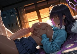 1girl ahoge ai_assisted ai_generated artist_name bangs black_hair blue_archive blush breasts cardigan curvaceous curvy curvy_female curvy_figure dress_shirt earrings erection female indoors jewelry karin_(blue_archive) long_hair long_sleeves lying miyuai necktie nipples on_back open_shirt penis pillow pleated_skirt school_uniform shirt skirt testicles thick thick_ass thick_butt thick_hips thick_legs thick_thighs thighs uncensored veins veiny_penis voluptuous voluptuous_female white_shirt wide_hips wide_thighs window yellow_eyes