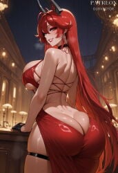 1girl ai_generated artist_name ass back backless_outfit bare_arms bare_back bare_shoulders black_choker black_gloves blush breasts butt_crack choker clothing copyright_name dress duxvector earrings female from_behind gloves goddess_of_victory:_nikke grin hair_between_eyes hair_intakes half_gloves hoop_earrings horns huge_ass jewelry lamp large_breasts lipstick long_hair looking_at_viewer looking_back makeup median_furrow night parted_lips patreon_username rapi_(red_hood)_(nikke) red_dress red_hair red_hood_(nikke) red_hood_(nonsense_red)_(nikke) red_lips sideboob skindentation smile solo sweat teeth thigh_strap thighs underboob very_long_hair very_sweaty yellow_eyes