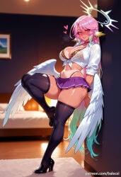 1girl ai_generated angel angel_wings animal_ears animal_print balecxi bird_ears black_footwear black_thighhighs blush bra choker compass_rose_halo feathered_wings full_body gradient_hair gyaru heart high_heels highleg highleg_panties jibril_(no_game_no_life) kogal large_breasts long_hair looking_at_viewer low_wings multicolored_hair navel no_game_no_life panties pink_hair pleated_skirt smile solo standing_on_one_leg symbol-shaped_pupils tan tanlines thighs tied_shirt underwear white_wings