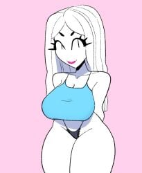 breasts hands_behind_back large_breasts long_hair looking_at_viewer original original_character panties pink_background red_lipstick slim_waist smile thick_thighs topwear underwear vanillasketchy voluptuous white_body white_hair wide_hips