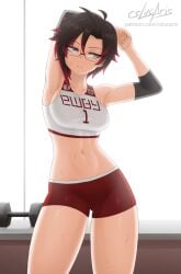 1girls alternate_costume artist_name crop_top cslucaris glasses indoors patreon_username ruby_rose rwby short_hair shorts signature silver_eyes solo_female streaked_hair stretching viz_media weights workout workout_clothes