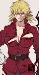 1girl angry belt big_breasts blonde_female blonde_hair blood_on_face collared_shirt gloves hellsing looking_at_viewer red_eyes ripped_clothing seras_victoria solo solo_female yasunososaku