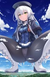 above_clouds altina_orion badge bigger_than_mountain black_leggings blue_skirt blue_sky blue_uniform boots city clouds eiyuu_densetsu falcom fully_clothed giant_female giantess green_eyes high_boots kk528956 knee_boots light-skinned_female light_skin light_skinned_female long_hair looking_down macro macro_female mountain mountains outdoors panties panties_visible_through_clothing pantyhose plump_thighs school_uniform see_through_legwear sen_no_kiseki sen_no_kiseki_(series) short_skirt silver_hair small_breasts spread_legs squatting squatting_female squatting_pose the_legend_of_heroes trails_of_(series) upskirt white_boots white_hair
