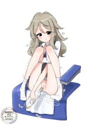 1girl absurdres asahina_miyou_(zagashira) black_eyes black_vest blush brown_hair brown_skirt cleft_of_venus collared_shirt commentary_request highres knees_up long_hair no_shoes open_mouth original panties panty_pull pee pee_in_container peeing peeing_in_bottle plaid_clothes plaid_skirt plastic_bottle pussy shirt short_sleeves simple_background sitting skirt socks solo trembling underwear vest white_background white_panties white_shirt white_socks zagashira