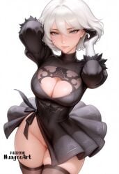 1girl 2b_(nier:automata) ai_generated artist_name bangs black_dress black_thighhighs blue_eyes blush breasts cleavage cleavage_cutout closed_mouth clothing_cutout dress feather-trimmed_sleeves feather_trim gloves hair_between_eyes juliet_sleeves large_breasts leotard lips long_sleeves looking_at_viewer mole mole_under_mouth nier:_automata nier_(series) no_blindfold no_panties nuageeart puffy_sleeves pussy questionable short_hair simple_background skindentation solo thighhighs thighs turtleneck white_background white_gloves white_hair yorha_2b yorha_no._2_type_b
