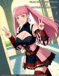 1girl ai-created ai_generated artist_name bangs bare_shoulders belt blunt_bangs breasts brown_belt buckle busty clavicle cleavage cleavage_cutout closed_mouth clothing clothing_cutout corset detached_sleeves double_v dress earrings english_language english_text female fire_emblem fire_emblem:_fuukasetsugetsu high_resolution hilda_valentine_goneril hoop_earrings jewelry large_breasts legwear lips long_hair looking_at_viewer milestone_celebration patreon_username pink_dress pink_eyes pink_hair pink_lips smile solo text thighhighs thighs tied_hair twintails underbust username v web_address wodstudio zettai_ryouiki