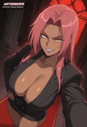 1girls ai_generated artoonizer ass big_ass big_breasts breasts dark-skinned_female dark_skin female hand_on_hip ingrid_(taimanin_asagi) jacket long_hair looking_at_viewer narrow_waist patreon patreon_username pink_hair plunging_neckline posing purple_lips purple_lipstick selfie shiny_skin skirt smile smirk solo solo_female solo_focus standing taimanin_(series) taimanin_asagi thick_thighs tight_clothing viewed_from_above wide_hips yellow_eyes