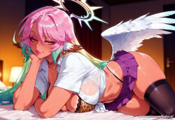 1girl ai_generated angel angel_wings animal_ears animal_print balecxi bird_ears black_thighhighs bra feathered_wings gradient_hair gyaru halo highleg highleg_panties jibril_(no_game_no_life) kogal large_breasts long_hair looking_at_viewer low_wings lying makeup multicolored_hair navel no_game_no_life panties pink_hair pleated_skirt short_sleeves solo symbol-shaped_pupils tan tanlines underwear white_shirt white_wings yellow_eyes