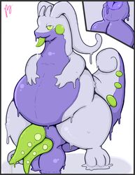 anus balls belly big_belly chubby cum diphallia diphallism dragon erection feral gastropod goo goodra green_eyes looking_at_viewer male mammal multi_penis nintendo nude obese overweight penis pfh pokemon pokemon_(species) scalie simple_background slime slug solo tongue video_games