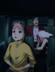 1boy 2girls blowjob dick hana_danno left_(yomi_no_tsugai) multicolored_hair oni oni_female oni_horn outdoors outside red_hair tadera_ryuu tagme track_jacket yomi_no_tsugai