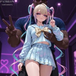 1boy 1girl ai_generated black_pants blonde_hair blue_bow blue_eyes blue_hair blue_serafuku blue_shirt blue_skirt blurry_background blush bow breasts chouzetsusaikawa_tenshi-chan closed_mouth clothing collarbone cowboy_shot dark-skinned_male dark_skin double_v eyeshadow female grabbing grabbing_another's_breast grabbing_from_behind groping hair_bow hair_ornament hand_up height_difference hetero indoors interracial long_hair long_sleeves looking_at_viewer makeup male manly medium_breasts midriff midriff_peek miniskirt multicolored_hair multicolored_nails muscular muscular_male nail_polish needy_girl_overdose needy_streamer_overload patreon_username pink_bow pink_eyeshadow pink_hair pink_lips pink_nails pleated_skirt purple_bow quad_tails sailor_collar school_uniform serafuku shirt skirt smile standing thighs twintails uniform v vantawaifu veins very_long_hair yellow_bow