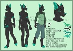 black_fur black_hair canine canine clothed clothing d_(dtalvi) dtalvi erection fur green_fur hair male mammal model_sheet multicolored_fur nude pants penis shirt solo standing two_tone_fur