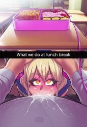 1boy ai_generated blonde_hair blush bustybunz classroom commentary_request cum_in_mouth cum_on_face desk fellatio femboy hand_on_head heart-shaped_pupils large_penis oral penis pov shimakaze-kun stray_pubic_hair sweat tagme tears yellow_eyes
