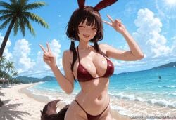 1girl 1girls 2026 ;d ai_generated animal_ears bangs bare_shoulders beach bikini blue_sky blush breasts brown_hair cleavage cloud collarbone day double_v fake_animal_ears hair_ornament hairband inui_toko kermixx large_breasts long_hair looking_at_viewer low_twintails navel ocean one_eye_closed open_mouth outdoors palm_tree rabbit_ears red_bikini red_eyes sand sky smile solo starfish stomach sunlight swimsuit tagme tail teeth tree twintails v water wet
