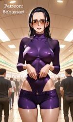 ai_generated aroused big_breasts blush bodysuit erect_nipples erect_nipples_under_clothes exposed in_heat in_public looking_at_viewer mature_female nico_robin one_piece paid_reward_available patreon sebassart sexy small_waist solo sweat thick_thighs thin_waist tight_clothing tight_fit waifu