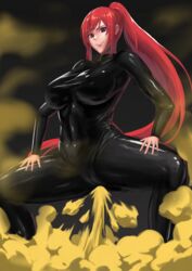 big_breasts bodysuit erza_scarlet fairy_tail fart fart_cloud farting gigantic_ass misago_(artist) ponytail red_hair skin_tight smile squatting