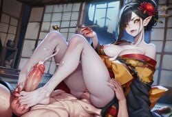 1boy 1girls ai_generated balls black_hair black_sclera breasts chrysanthemum clothed clothing cum cum_on_feet cumdrip cunnilingus ejaculation eye_shadow face_sitting fangs female flower flower_in_hair footjob hair_bun hand_on_hip horror horror_(theme) japanese_clothes japanese_clothing kimono licking licking_pussy makeup male mascara monster_girl nipples original original_character paigen pale_skin penis pipe pointy_ears pussy red_nails sharp_nails sharp_teeth sitting_on_face sitting_on_person slit_pupils undead vampire vampire_fangs vampire_girl white_skin yellow_eyes