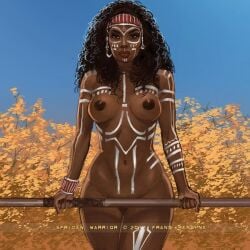 2d african african_female dark-skinned_female exposed_breasts frans_mensink mostly_nude naked shield spear tribal tribal_clothing tribal_markings white_body_markings