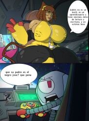 2026 big_breasts breasts clothed clothing female furry furry_female gameoverse glitch_productions gobbles_(gameoverse) kaboodle_(gameoverse) kit_(gameoverse) male robot spanish_dialogue spanish_text tagme text text_bubble voluptuous voluptuous_female