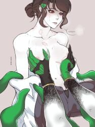 bite bite_mark_on_breast bite_marks brown_hair exposed_breasts female_focus green_gloves green_tentacles hands_on_breasts harlequin_(the_freak_circus) heart_on_clothing holding_breast male/female nude_breasts nude_female_clothed_male pale-skinned_female pale_body pale_skin red_eyes self_upload tentacle tentacles tentacles_on_female the_freak_circus undressing undressing_another undressing_partner yumeshipping