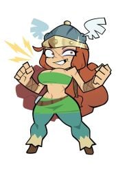 barbara_(rayman) barbarian breasts chafa_8 cleavage freckles helmet large_breasts long_hair navel orange_eyes orange_hair pants rayman_(series) rayman_legends safe scar skirt slim_waist smile tagme thick_thighs topwear wide_hips