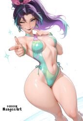1girl ai_generated artist_name bangs black_hair blue_eyes bracelet breasts earrings green_one-piece_swimsuit hair_ribbon halterneck hoop_earrings jewelry long_hair looking_at_viewer marvel marvel_comics marvel_rivals medium_breasts multicolored_hair navel nuageeart one-piece_swimsuit one_eye_closed pointing pointing_at_viewer ponytail psylocke psylocke_(marvel_rivals) psylocke_(sai)_(breezy_butterfly) purple_hair ribbon sensitive simple_background smile solo swimsuit thick_thighs thighs white_background x-men