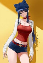 cappie_(miside) hat medium_breasts medium_thighs purple_eyes purple_hair red_tank_top smiling smiling_at_viewer tank_top