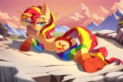 butt chest_fluff clothes cloud commission day dock ear_fluff ears_up female friendship_is_magic full_body g4 hoof_on_cheek lgbt looking_at_you looking_back looking_back_at_you lying_down mare mlp mlp_g4 my_little_pony outdoors panties pink_sky plot pony pride pride_flag pride_month prone rainbow_socks rock smiling smiling_at_you socks solo stone striped_socks sunset sunset_shimmer tail underhoof yuris_(artist)
