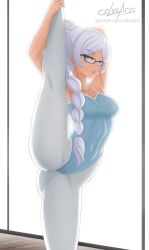 1girls artist_name ballet_leotard blue_eyes blue_leggings cslucaris glasses gymnast_leotard indoors legs_up patreon_username ponytail rwby signature solo_female stretching viz_media weiss_schnee white_hair
