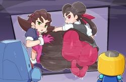amanewitchy ass ass_comparison ass_focus ass_to_ass asses_touching black_legwear blush blush_lines blushing bow musk musk_clouds no_shoes nosepass pantyhose pink_legwear pokemon pokemon_(species) roxanne_(pokemon) servbot tron_bonne