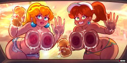 2girls against_glass alternate_version_available areolae ass_against_glass big_breasts blonde_hair blue_eyes blue_shorts booty_shorts bottomwear breast_focus breasts breasts_against_glass brown_hair car_window ear_piercing earrings female female_only flower_earrings freckles freckles_on_breasts freckles_on_face freckles_on_shoulders front_view green_eyes hair hand_on_glass hat headwear high_resolution highres huge_breasts kenergi lips looking_at_viewer mario_(series) nintendo nipples parted_lips ponytail princess_daisy princess_peach short_shorts shorts smile sponge swimwear thick_lips tied_hair topless upper_body upper_body_focus visor wet wet_breasts window