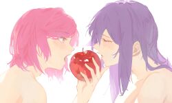 2girls absurd_res absurd_resolution absurdres apple artist_request artistic artistic_nude artistic_nudity closed_eyes commentary ddlc doki_doki_literature_club english_commentary food fruit hi_res high_quality high_resolution highres holding holding_food holding_fruit jpg literature long_hair looking_at_another love multiple_girls natsuki_(doki_doki_literature_club) nude open_mouth pink_eyes pink_hair purple_hair questionable serenity_forge simple_background team_salvato upper_body white_background yuri yuri_(doki_doki_literature_club)