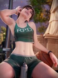 2026 3:4 3d abs absurd_res armpit armpit_fetish armpit_stubble armpits artist_name athletic_female belly_button blender_(artwork) brown_hair defined_abs depth_of_field eyes_closed female female_focus female_only film_grain fit_female gym_clothes gym_uniform hakkux half_naked outdoors photoshoot posing public raccoon_city rebecca_chambers resident_evil resident_evil_2 resident_evil_2_remake revealing_clothes short_hair shorts sportswear stomach tank_top toned_female tummy watermark