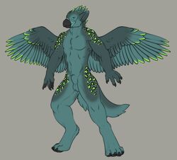 1boy 2014 aegis animal_genitalia anthro avian balls beak bird claws feathered_wings feathers looking_at_viewer male male_only model_sheet nude sheath simple_background solo standing tojo_the_thief wings