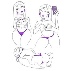 ass ass_focus back_view bare_shoulders breasts covered_nipples earrings hands_on_breasts holding holding_object large_breasts lipstick looking_at_viewer lying lying_on_stomach navel original original_character panties posing slim_waist thick_thighs topless underwear vanillasketchy voluptuous white_background white_body white_hair wide_hips