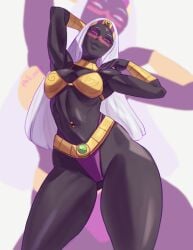 armpits arms_up black_body bra breasts dlusional duck_dodgers face_paint fit fit_female headgear long_hair looking_at_viewer looney_tunes navel navel_piercing panties posing purple_eyes queen_tyr'ahnee slim_waist smile tagme thick_thighs viewed_from_below voluptuous white_hair wide_hips