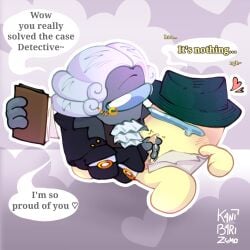 among_us banana_(among_us) clothed clothed_sex clothing detective dialog dialogue fedora gay gray_(among_us) heart heart_symbol hearts hearts_around_head judge masturbating masturbating_other masturbation monocle praise praise_kink praising sitting_on_lap sitting_on_person yaoi