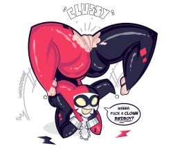 1girls ass ass_bigger_than_head ass_up batman_(series) bodysuit cuffs dc dc_comics exposed_pussy goodbyellow handcuffs harley_quinn hellavenderr pussy skin_tight skintight