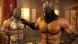 3d 3d_(artwork) ai_assisted big_arms big_dick big_pecs big_penis cum cum_on_body cum_on_face dasalove dead_or_alive dojo dominant green_eyes hairy hairy_chest hairy_male heavy_penis manly mask masked masked_male muscular muscular_male ninja ninja_gaiden render ryu_hayabusa sweat team_ninja thick_penis tied_up