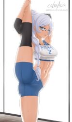 abs artist_name big_breasts black_stockings blue_eyes crop_top cslucaris glasses gym_uniform indoors legs_up patreon_username ponytail rwby shorts signature viz_media weiss_schnee white_hair workout workout_clothes