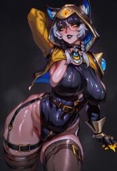 1girl 2026 2d absurd_res absurd_resolution absurdres ai_generated animal_ears belt black_choker black_hair black_leotard black_lips black_thighhighs blush breasts character_request choker covered_navel fishnets garter_straps gauntlets glasses grey_hair hi_res high_quality high_resolution highres hood hood_up image jacket large_breasts leotard looking_at_viewer maddogai multicolored_hair patreon patreon_username shiny_skin sideboob skindentation solo sweat sweatdrop sweating sweaty sweaty_body thick_thighs thighhighs thighs uncensured watermark wet wet_body yellow_eyes