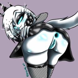 1girl 1girls 2026 ass ass_cheeks ass_focus back_view black_eyeshadow black_nail_polish black_nails black_skirt blue_anus blue_eyes blue_pussy crown demon demon_girl demon_queen female female_only first_porn_of_character fishnet fishnet_armwear fishnet_legwear fishnet_stockings fishnets helluva_boss long_eyelashes long_nails looking_at_viewer mature mature_female milf owl owl_demon owl_girl queen simple_background tagme thighhighs upskirt viewed_from_behind vivienne_medrano white_fur white_hair