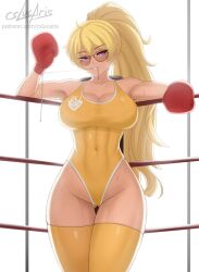 1girl abs artist_name big_breasts blonde_female blonde_hair boxing_gloves boxing_ring cleavage cleavage_cutout cslucaris indoors leotard patreon_username pink_eyes red_boxing_gloves rwby signature viz_media workout workout_clothes yang_xiao_long